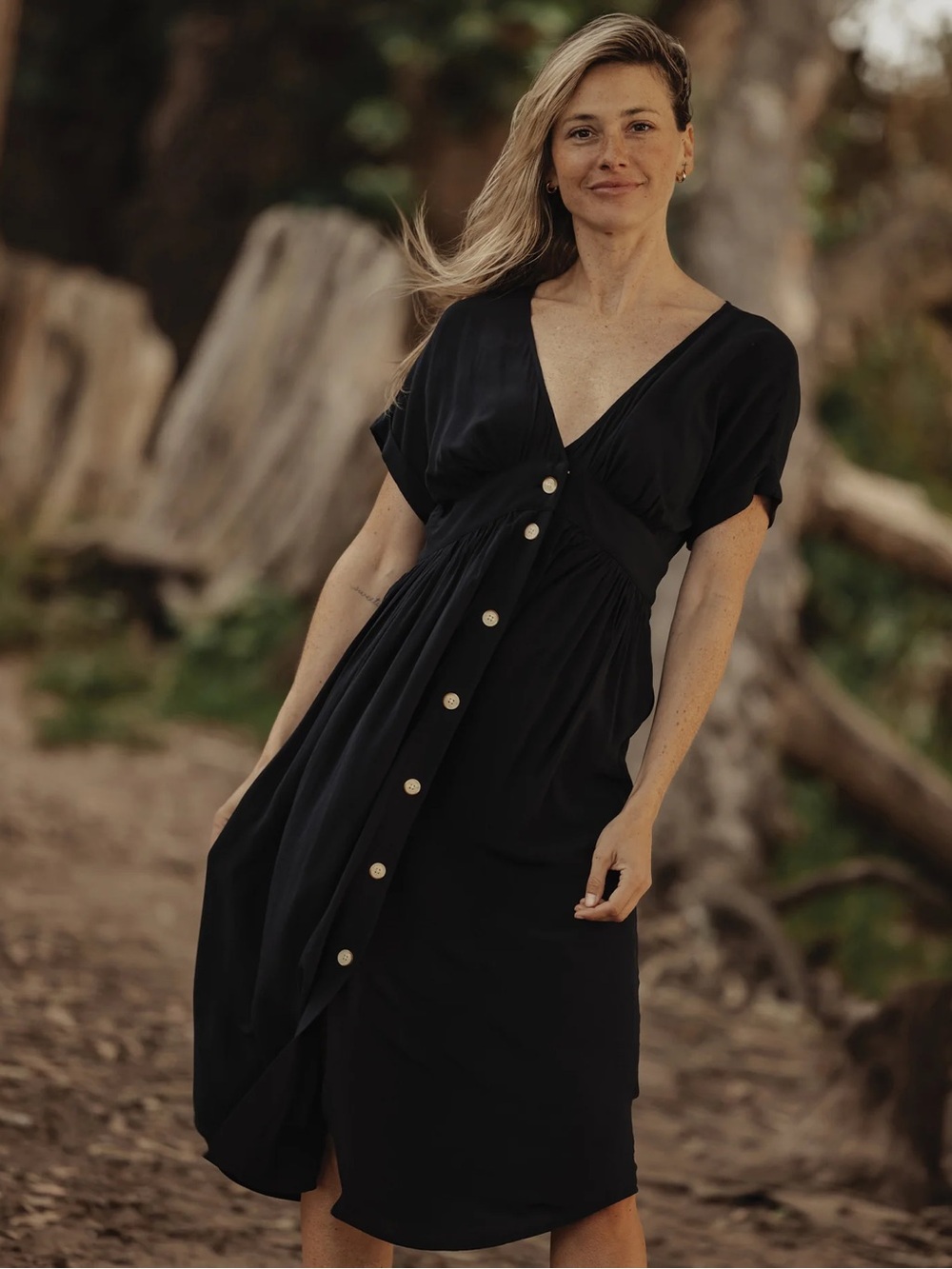 The Normal Brand Deep V Button Thru Midi Dress Black